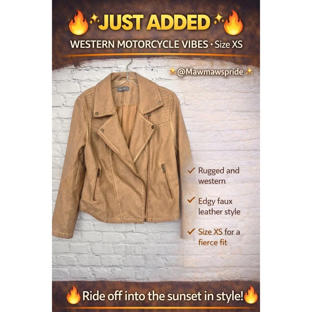 Bagatelle Tan Faux Leather Moto Jacket Western Biker XS‎